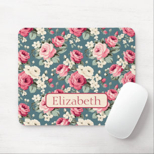 Vintage Pink Roses on Deep Blue Personalised Mouse Mat
