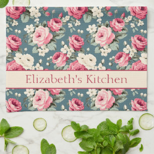 Vintage Pink Roses on Deep Blue Personalised Tea Towel