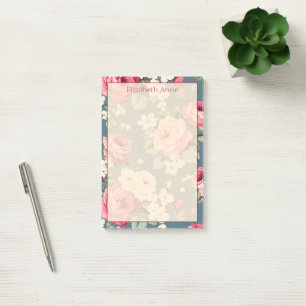 Vintage Pink Roses on Deep Blue Post-it Notes