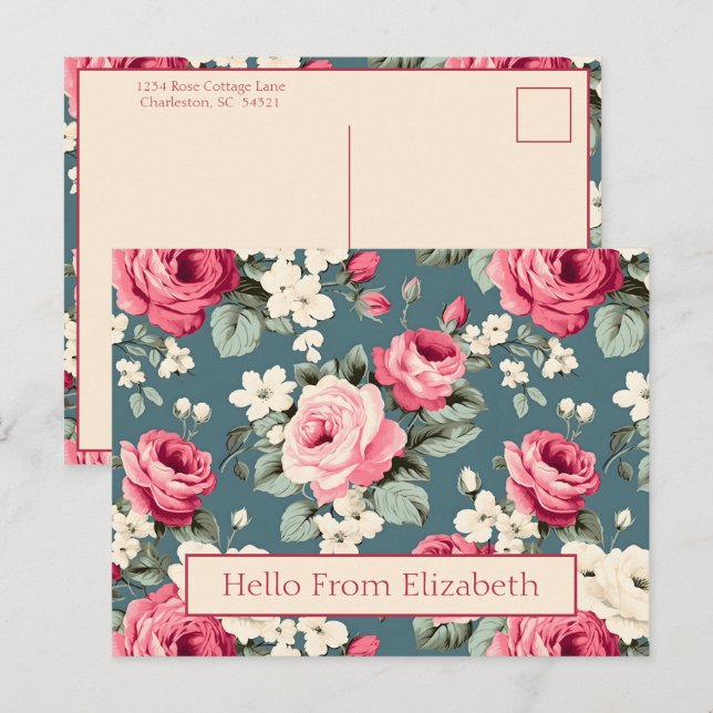 Vintage Pink Roses on Deep Blue Postcard (Front/Back)