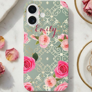 Vintage Pink Roses On Gold Teal Damask Custom Name iPhone 16 Case