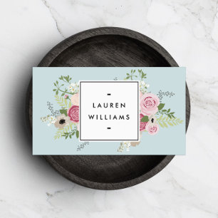 Vintage Pink Roses on Mint Antique Blue Business Card