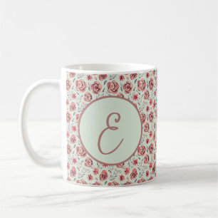 Vintage pink roses pattern monogram coffee mug