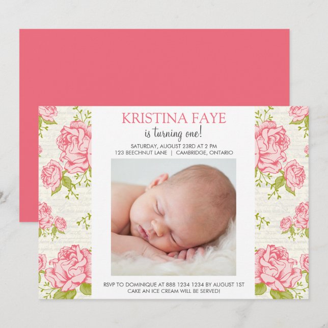 Vintage Pink Roses Photo Birthday Party Invitation (Front/Back)