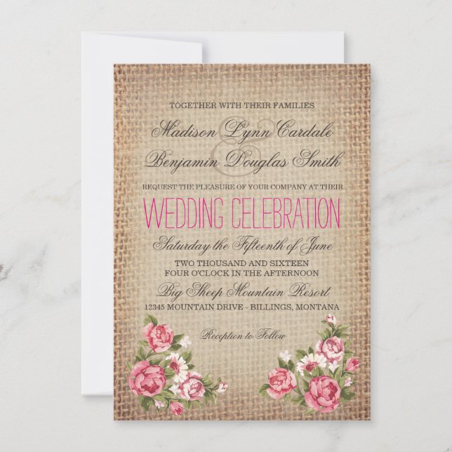 Vintage Pink Roses Rustic Burlap Wedding Invites (Front)