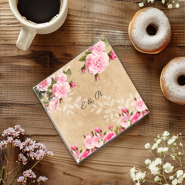 Vintage Pink Roses,  Rustic Paper, Wedding, Custom Napkin (Creator Uploaded)