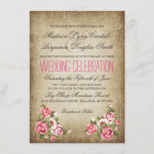 Vintage Pink Roses Rustic Wedding Invitations
