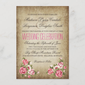 Vintage Pink Roses Rustic Wedding Invitations