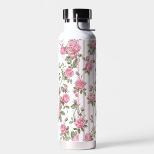 Vintage Pink Roses Shabby Chic Stripes Pattern Cas Water Bottle