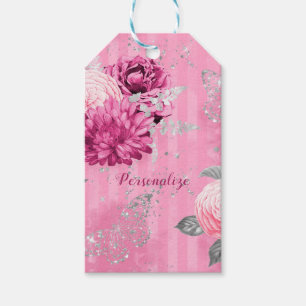 Vintage Pink Roses Silver Glitter Butterfly Gift Tags
