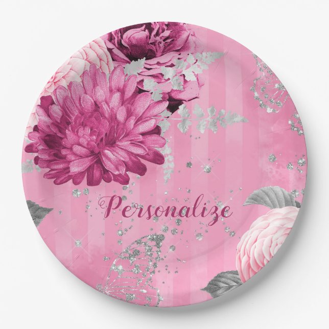 Vintage Pink Roses Silver Glitter Butterfly Paper Plate (Front)
