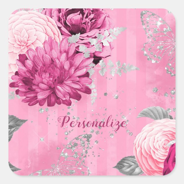 Vintage Pink Roses Silver Glitter Butterfly Square Sticker (Front)