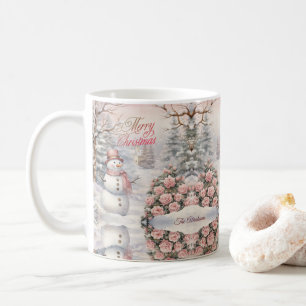 Vintage Pink Roses, Snowman Christmas Village Coffee Mug