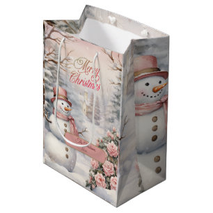Vintage Pink Roses, Snowman Christmas Village Medium Gift Bag