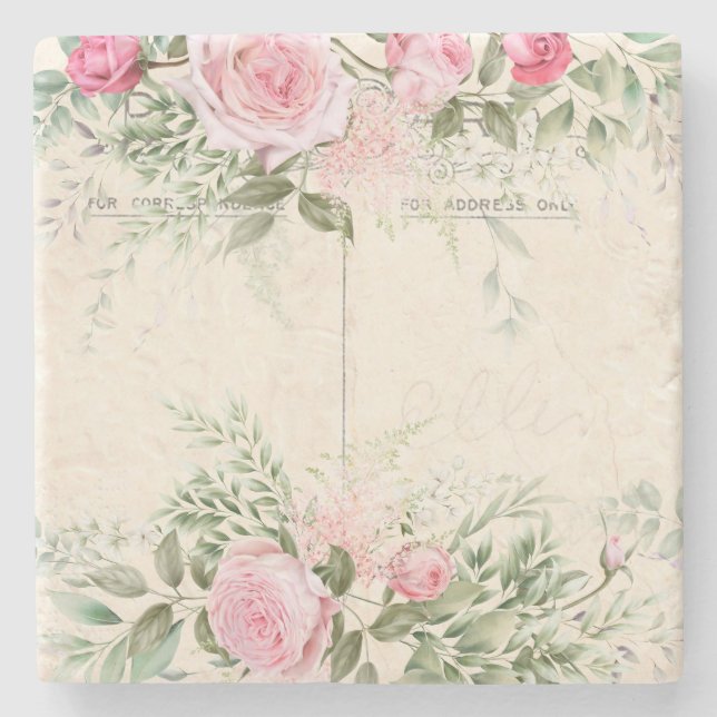 Vintage Pink Roses Stone Coaster (Front)