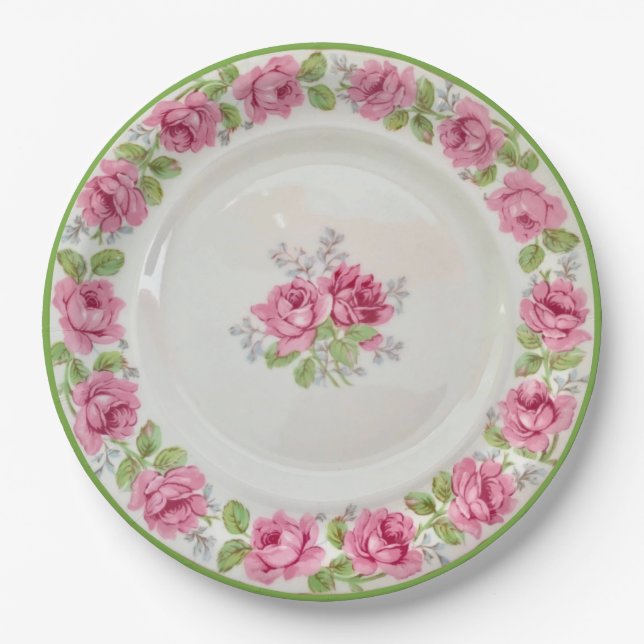 Vintage Pink Roses Tea Party Paper Plates (Front)