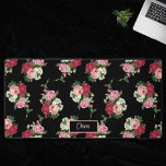 Vintage Pink Roses w/Name-Black Background Desk Mat<br><div class="desc">Lovely sprays of vintage pink,  red and white roses and green foliage in repeating editable pattern on transparent background (black used in sample). Personalise with your name or monogram.</div>