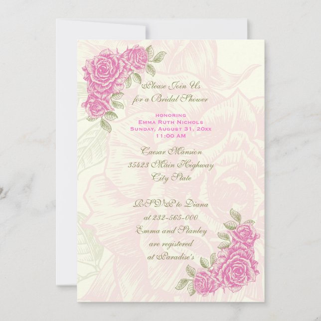 Vintage pink roses wedding bridal shower invite (Front)