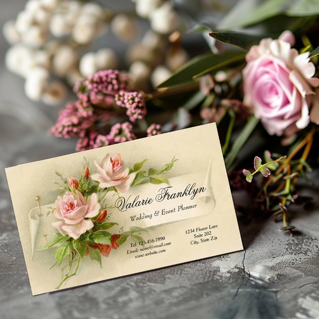 Vintage Pink Roses Wedding Event Planner Business Card (Creator Uploaded)