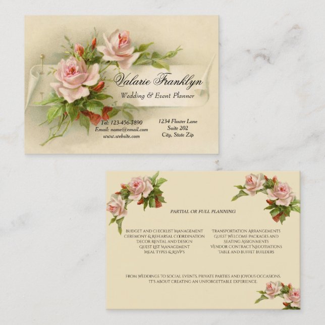 Vintage Pink Roses Wedding Event Planner  Business Card (Front/Back)
