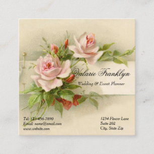 Vintage Pink Roses Wedding Event Planner Square Business Card