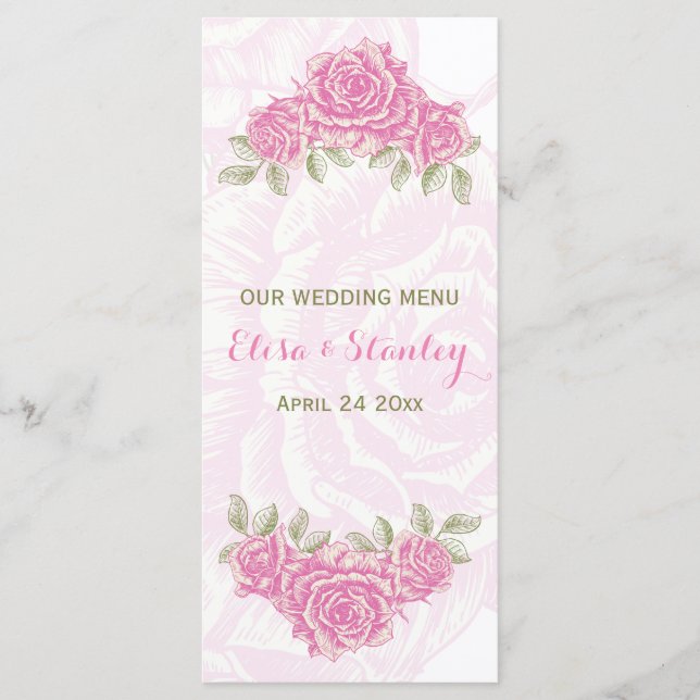 Vintage pink roses wedding Menu card (Front)