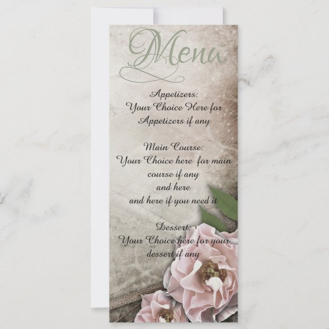 Vintage Pink Roses Wedding Menu Invitation (Front)