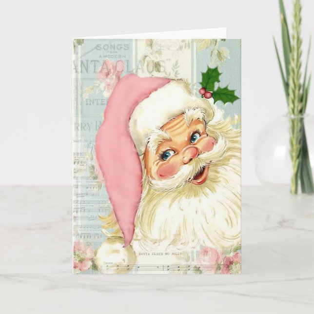 Vintage Pink Santa Claus at Window Holiday Card (Front)