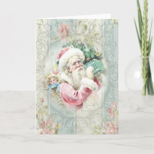 Vintage Pink Santa Claus at Window Holiday Card