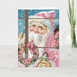 Vintage Pink Santa Claus at Window Holiday Card