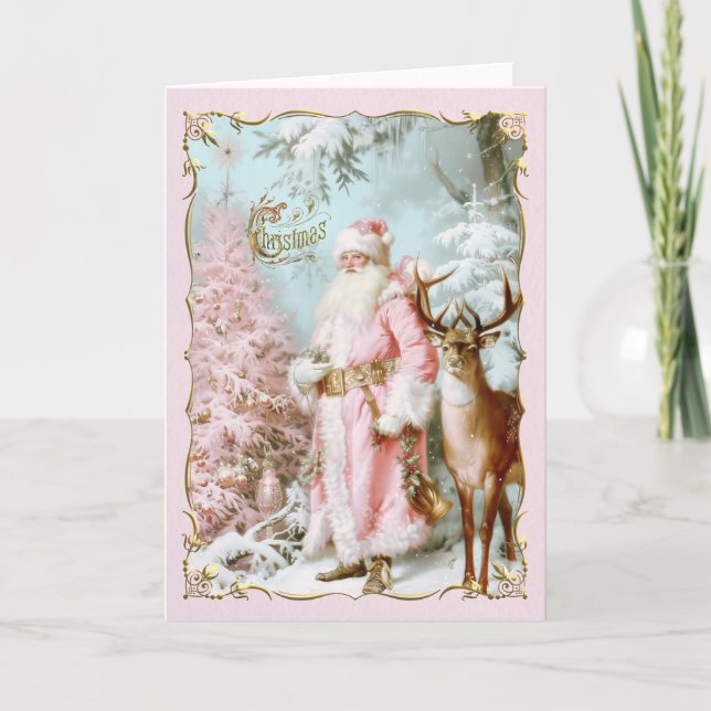 Vintage Pink Santa Claus deer tree Christmas Card  (Front)