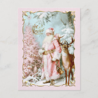 Vintage pink Santa Claus deer tree Christmas card