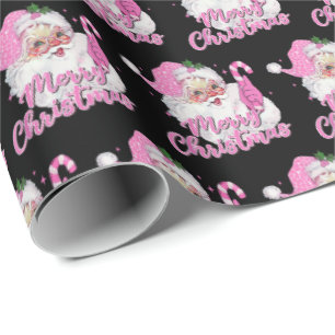 Vintage Pink Santa Claus Merry Christmas Black Wrapping Paper
