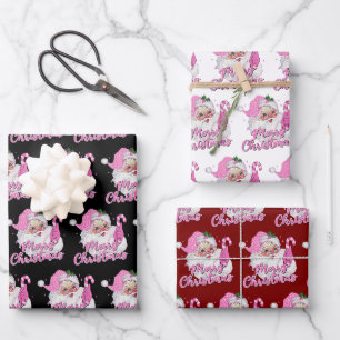 Vintage Pink Santa Claus Merry Christmas Black Wrapping Paper Sheet