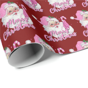 Vintage Pink Santa Claus Merry Christmas Gift Wrapping Paper