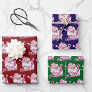 Vintage Pink Santa Claus Merry Christmas Gift Wrapping Paper Sheet