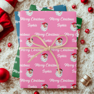 Vintage Pink Santa   Custom Name Merry Christmas Wrapping Paper Sheet