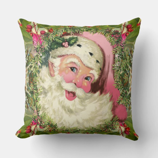 Vintage Pink Santa For Christmas Cushion (Front)