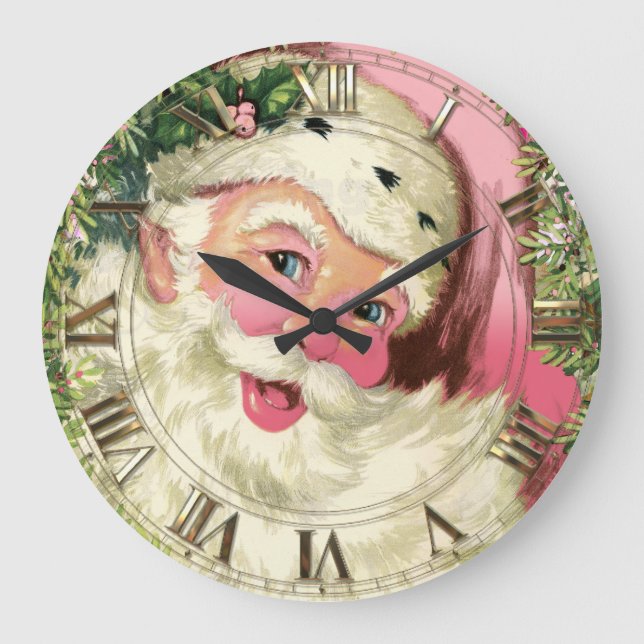 Vintage Pink Santa For Christmas Large Clock (Front)