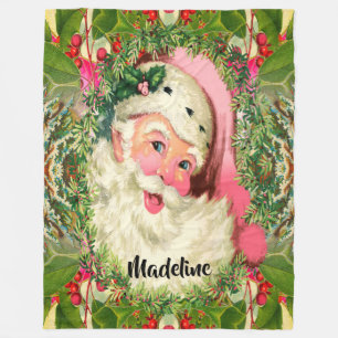 Vintage Pink Santa For Christmas Monogram Fleece Blanket
