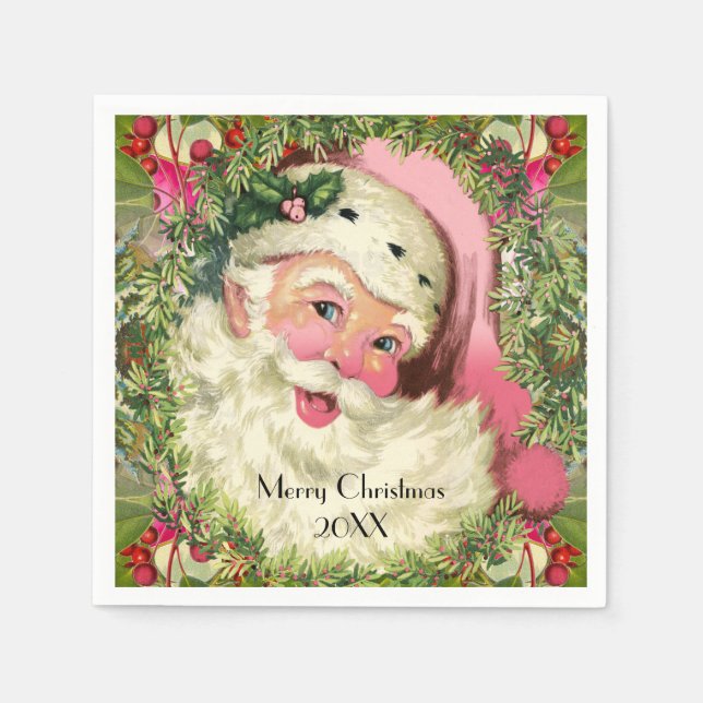 Vintage Pink Santa For Christmas Napkin (Front)