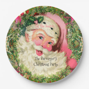 Vintage Pink Santa For Christmas Paper Plate
