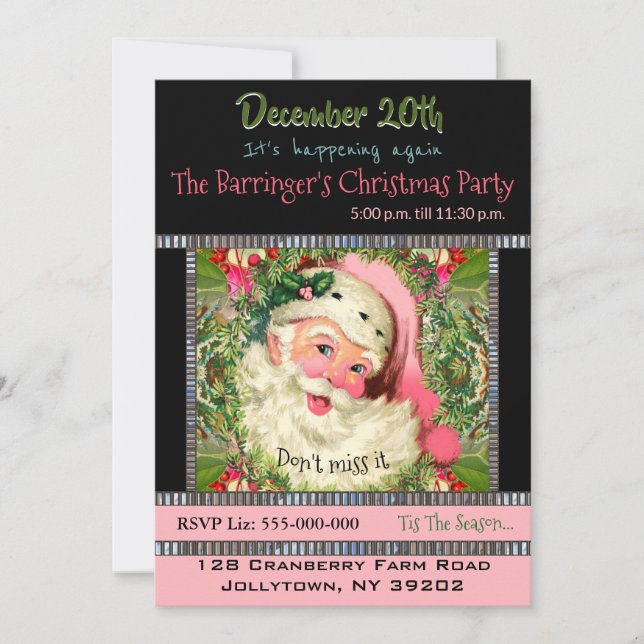 Vintage Pink Santa For Christmas Party Invitation (Front)