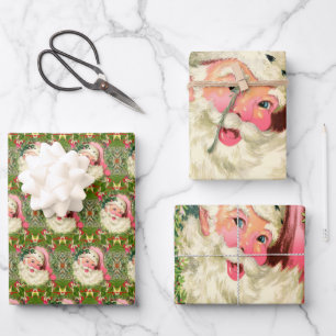 Vintage Pink Santa For Christmas Wrapping Paper Sheet