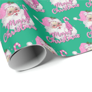 Vintage Pink Santa Merry Christmas Green Wrapping Paper
