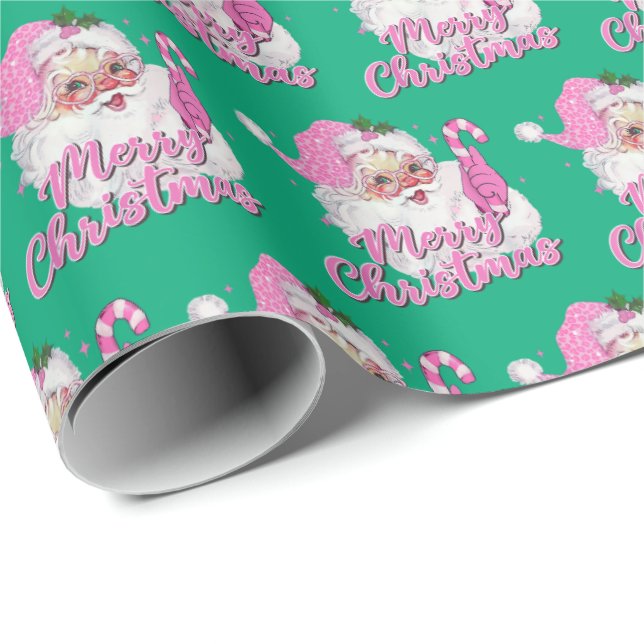 Vintage Pink Santa Merry Christmas Green Wrapping Paper (Roll Corner)