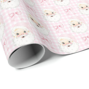 Vintage Pink Santa on Gingham Wrapping Paper