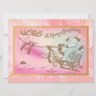 Vintage Pink Santa Sleigh with Reindeer Christmas  Holiday Card
