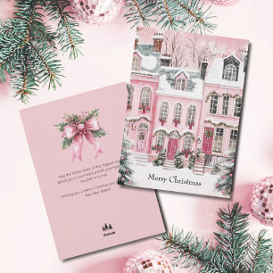 Vintage Pink Script Village Non Photo  Christmas Holiday Card