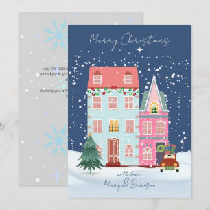 Vintage Pink Script Village Non Photo  Christmas Holiday Card
